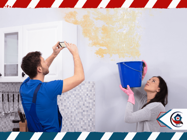 A woman is holding a bucket to collect the water drops from the ceiling, while a man in blue overalls is documenting the damage with his mobile phone