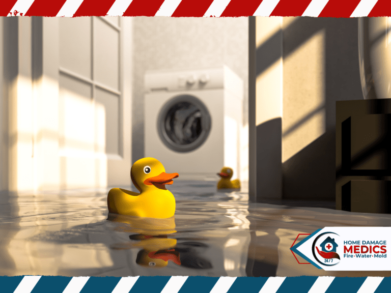 Two rubber duck toys in the flooded bathroom - representing the need of water damage restoration