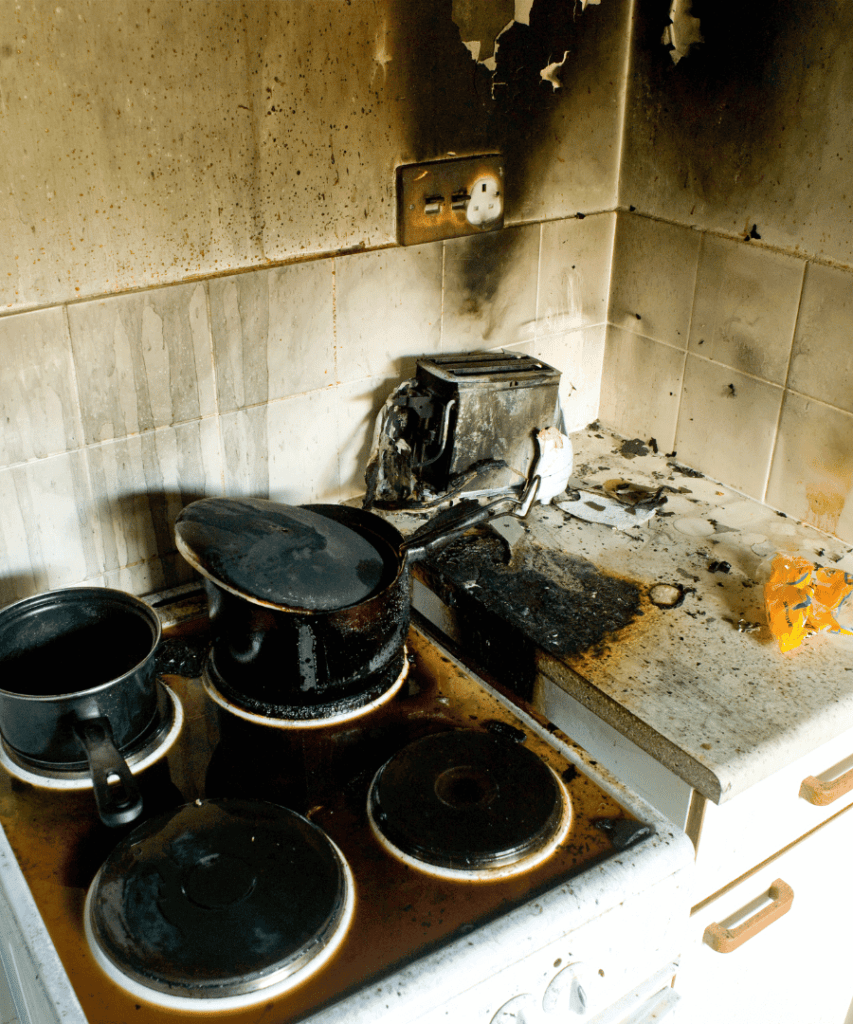 An image of a fire-damaged kitchen